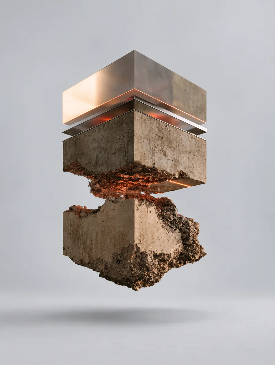 Three floating layers: raw rubble, structured concrete and polished metal with glowing orange seams, illustrating security capability built and verified in stages.